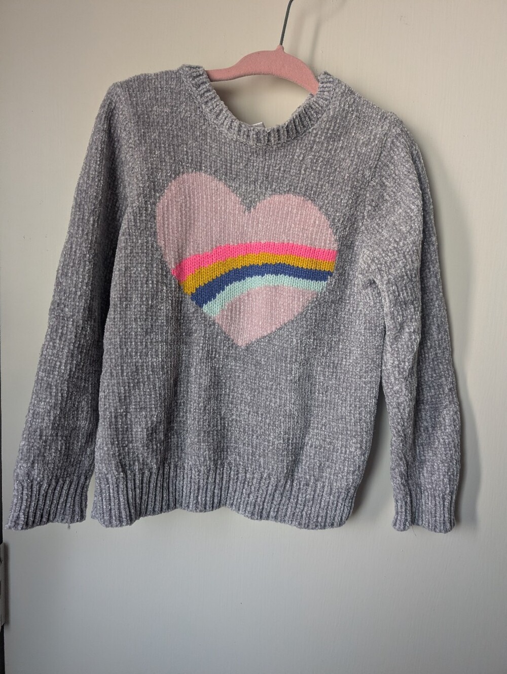 Cozy Grey Chenille Heart Sweater with Pink Rainbow Detail